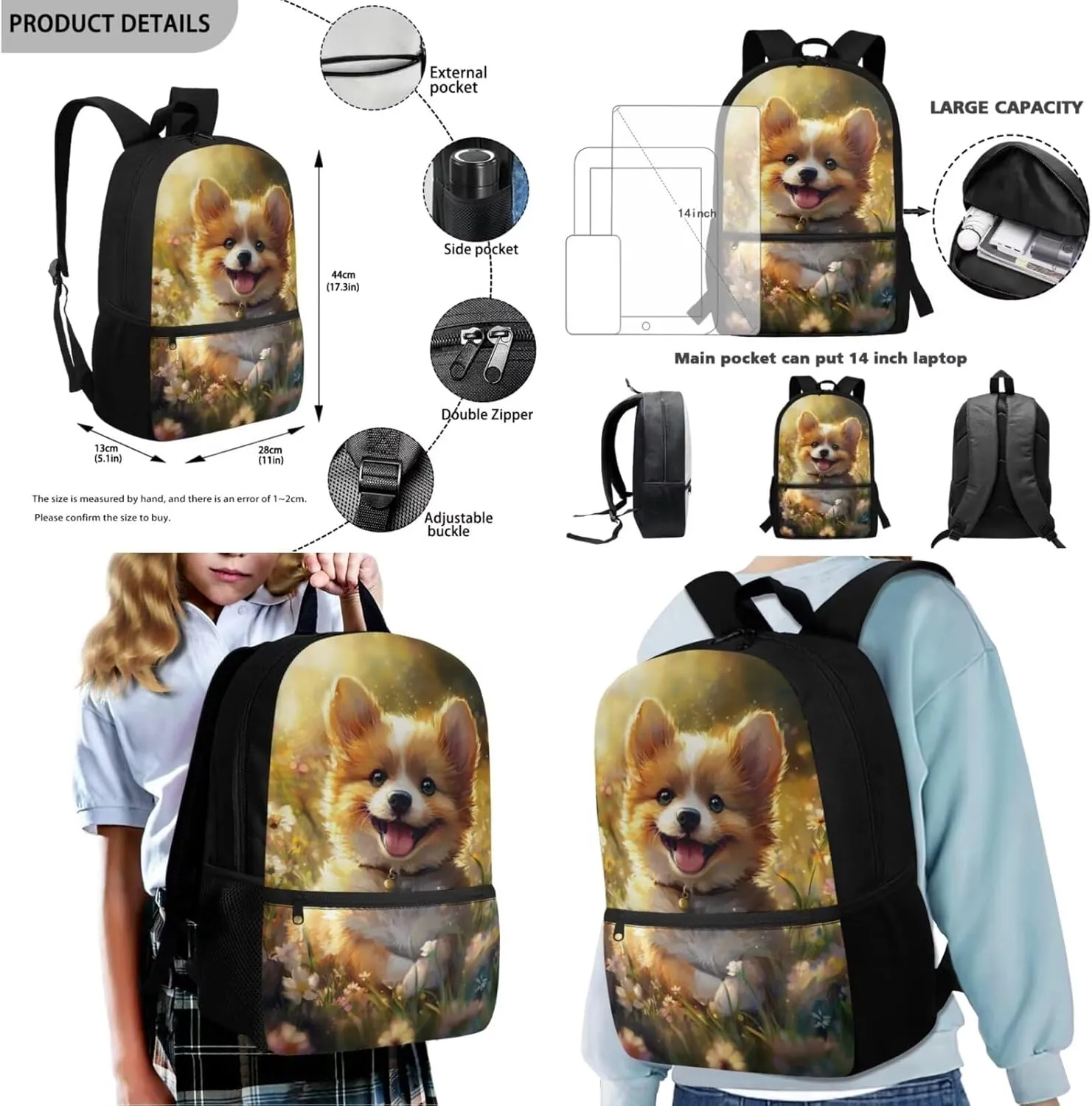 FOR U DESIGNS Corgi Backpack Set School Bag 17 Inch Bookbag for 3rd Grade Girls Age 8-9 Years Elementary Lightweight Ergonomic Spacious Travel Outdoor Supplies