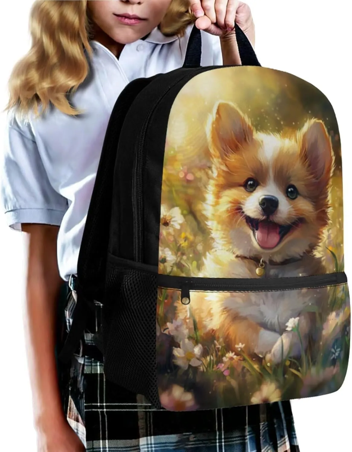FOR U DESIGNS Corgi Backpack Set School Bag 17 Inch Bookbag for 3rd Grade Girls Age 8-9 Years Elementary Lightweight Ergonomic Spacious Travel Outdoor Supplies