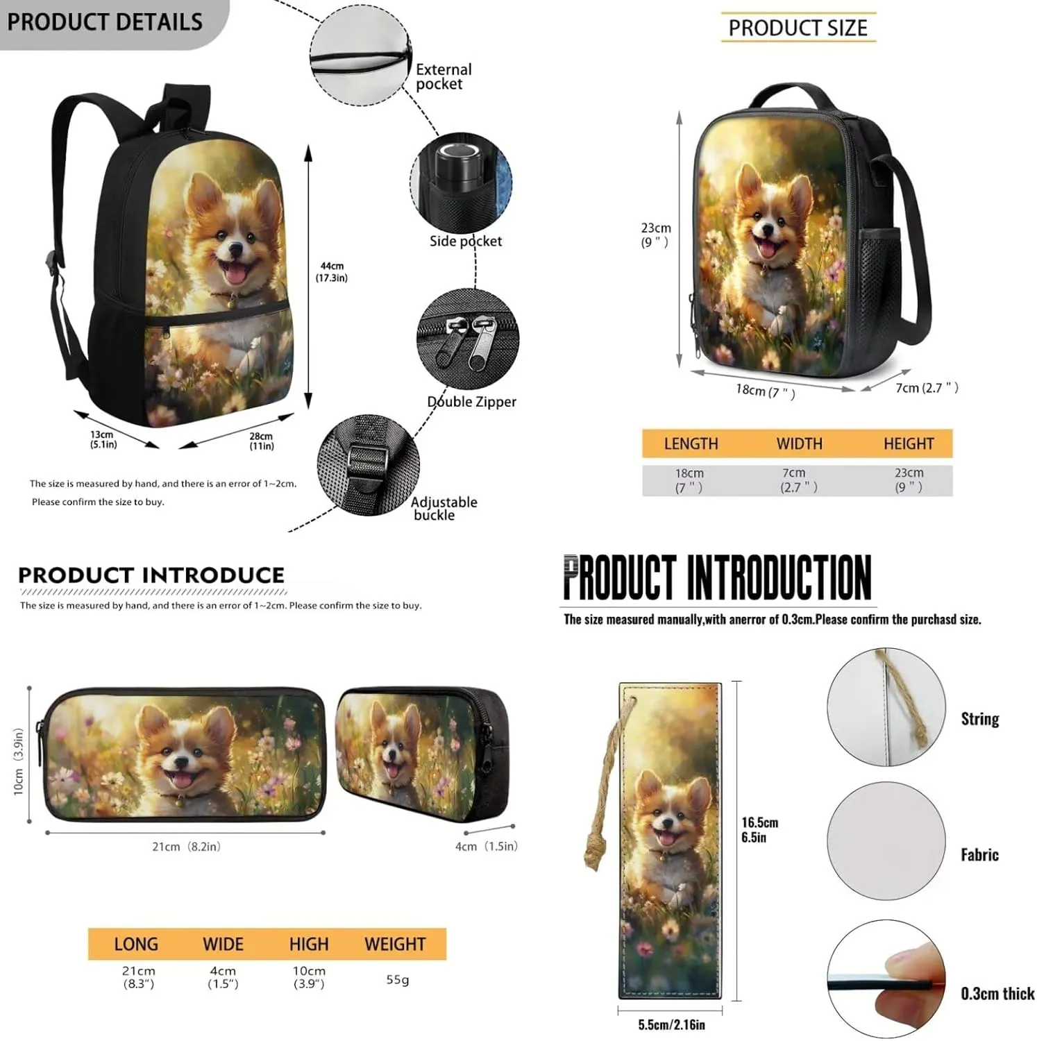 FOR U DESIGNS Corgi Backpack Set School Bag 17 Inch Bookbag for 3rd Grade Girls Age 8-9 Years Elementary Lightweight Ergonomic Spacious Travel Outdoor Supplies