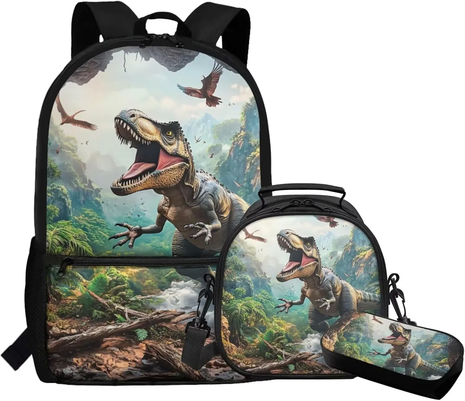 FOR U DESIGNS Dinosaur Backpack School Teen Lightweight Book Bags for Kids with Lunchbox 3 in 1 School Bag for Boys 13 Years 1st Grade Back Pack 17 Inch
