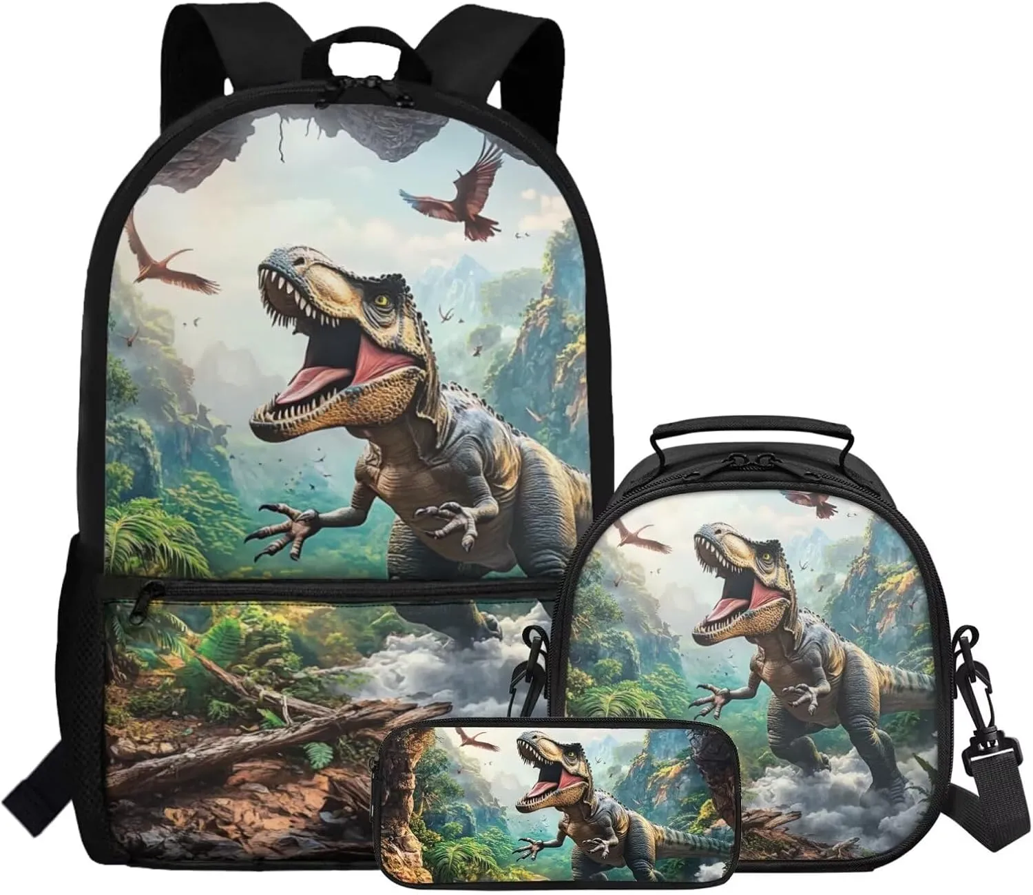FOR U DESIGNS Dinosaur Backpack School Teen Lightweight Book Bags for Kids with Lunchbox 3 in 1 School Bag for Boys 13 Years 1st Grade Back Pack 17 Inch