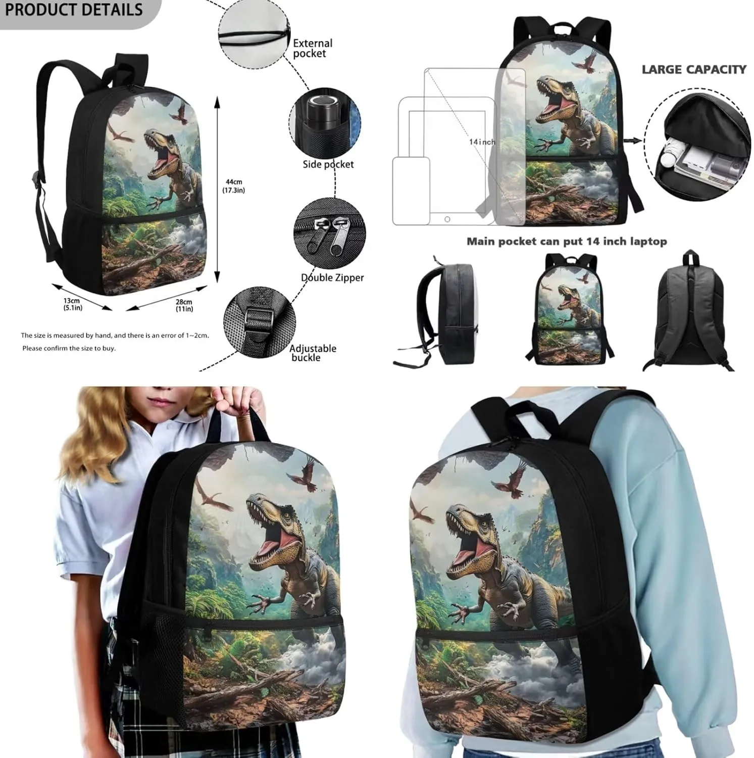 FOR U DESIGNS Dinosaur Backpack School Teen Lightweight Book Bags for Kids with Lunchbox 3 in 1 School Bag for Boys 13 Years 1st Grade Back Pack 17 Inch