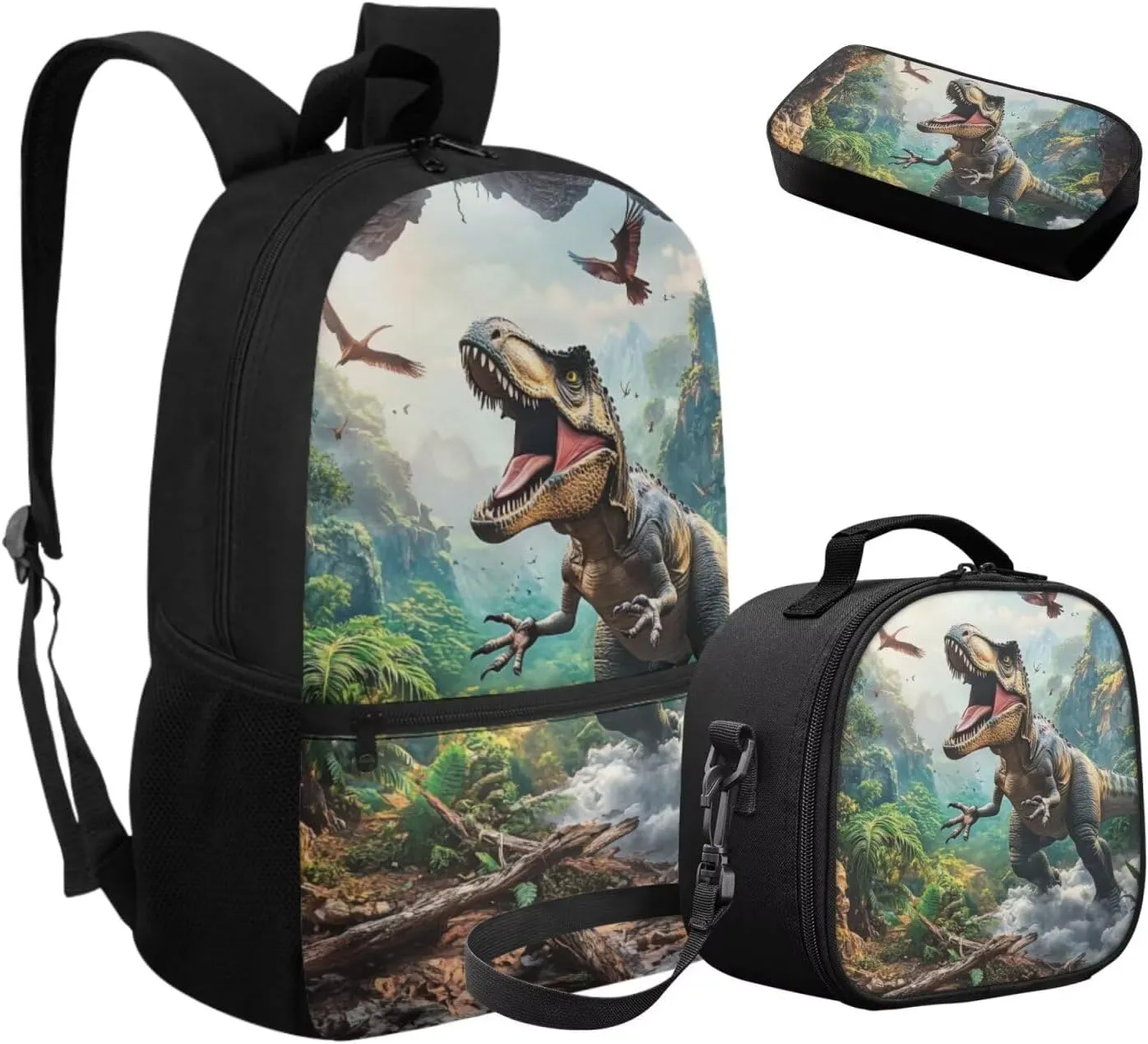 FOR U DESIGNS Dinosaur Backpack School Teen Lightweight Book Bags for Kids with Lunchbox 3 in 1 School Bag for Boys 13 Years 1st Grade Back Pack 17 Inch