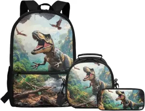 FOR U DESIGNS Dinosaur Backpack School Teen Lightweight Book Bags for Kids with Lunchbox 3 in 1 School Bag for Boys 13 Years 1st Grade Back Pack 17 Inch