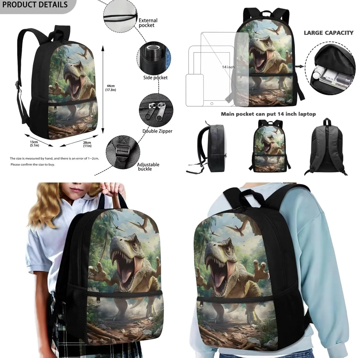 FOR U DESIGNS Dinosaur Backpack Set for Boys Large Capacity Bookbag and Lunch Box Set for Boys 3 Pcs School Bag for Boys 7-8 2nd Grade Mochilas Para Niñas 17 Inch