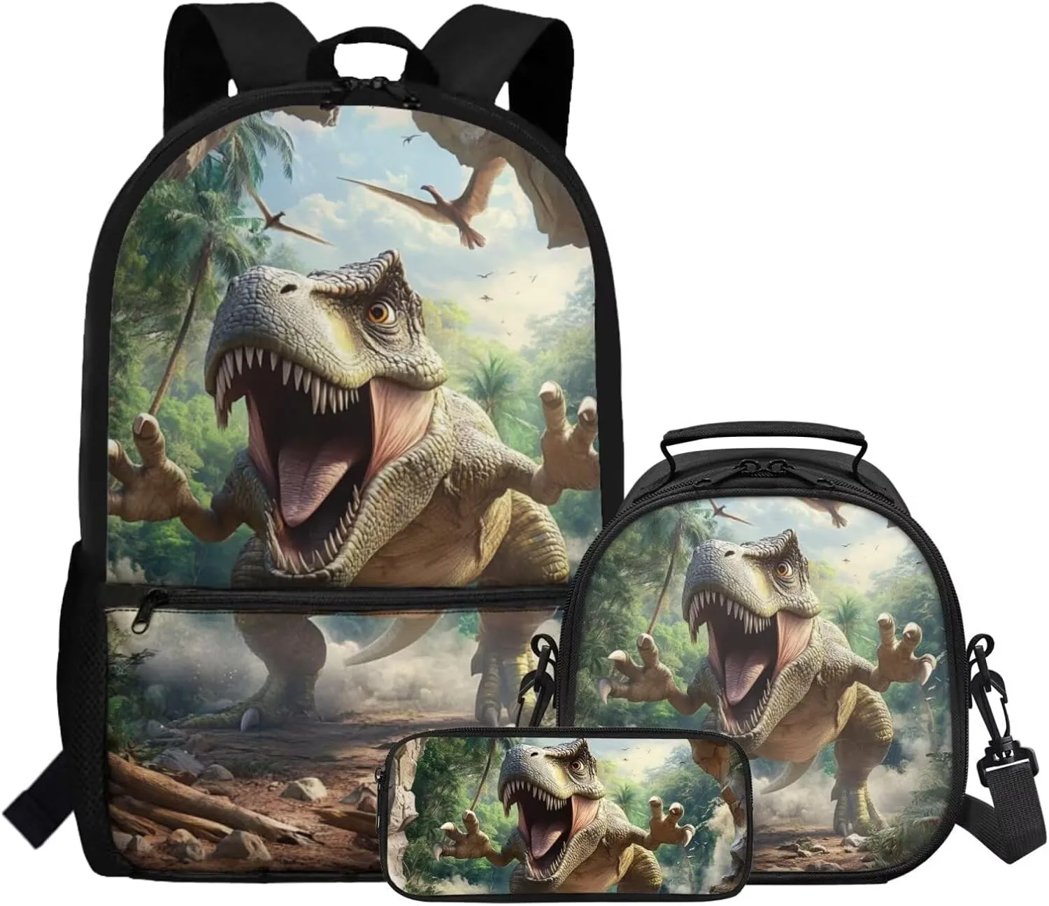 FOR U DESIGNS Dinosaur Backpack Set for Boys Large Capacity Bookbag and Lunch Box Set for Boys 3 Pcs School Bag for Boys 7-8 2nd Grade Mochilas Para Niñas 17 Inch