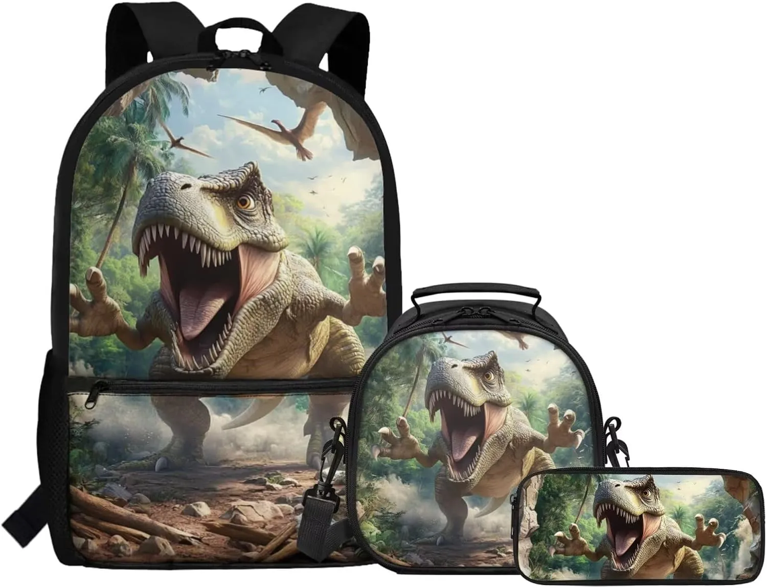FOR U DESIGNS Dinosaur Backpack Set for Boys Large Capacity Bookbag and Lunch Box Set for Boys 3 Pcs School Bag for Boys 7-8 2nd Grade Mochilas Para Niñas 17 Inch