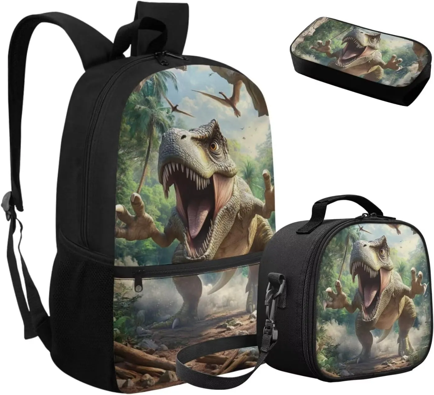 FOR U DESIGNS Dinosaur Backpack Set for Boys Large Capacity Bookbag and Lunch Box Set for Boys 3 Pcs School Bag for Boys 7-8 2nd Grade Mochilas Para Niñas 17 Inch