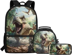 FOR U DESIGNS Dinosaur Backpack Set for Boys Large Capacity Bookbag and Lunch Box Set for Boys 3 Pcs School Bag for Boys 7-8 2nd Grade Mochilas Para Niñas 17 Inch