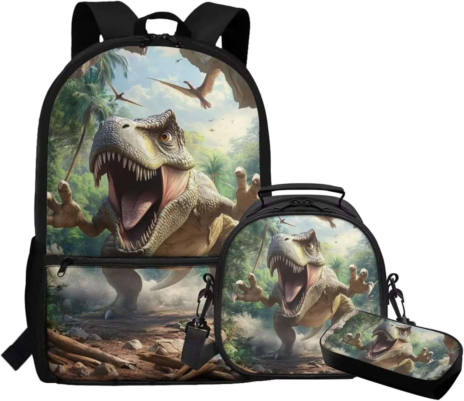 FOR U DESIGNS Dinosaur Backpack Set for Boys Large Capacity Bookbag and Lunch Box Set for Boys 3 Pcs School Bag for Boys 7-8 2nd Grade Mochilas Para Niñas 17 Inch
