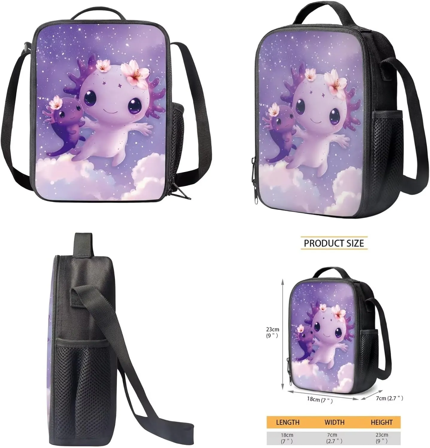 FOR U DESIGNS Girls Axolotl Backpack with Lunchbox Kawaii Bookbag Set Ages 6-8 Lightweight 17 Inch School Bag Grade 1 Cute Book Bags for Kids Purple Travel Rucksack
