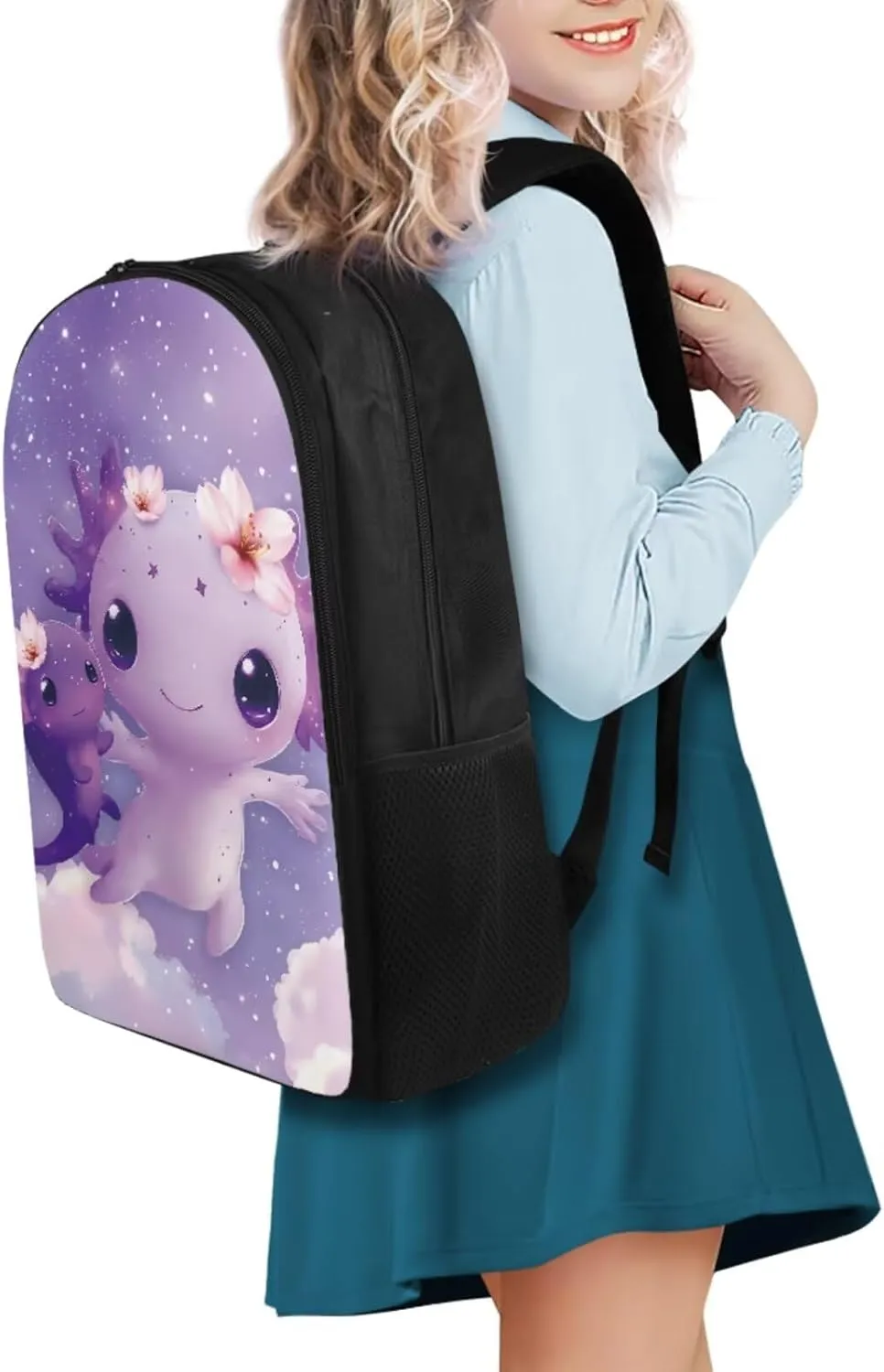 FOR U DESIGNS Girls Axolotl Backpack with Lunchbox Kawaii Bookbag Set Ages 6-8 Lightweight 17 Inch School Bag Grade 1 Cute Book Bags for Kids Purple Travel Rucksack