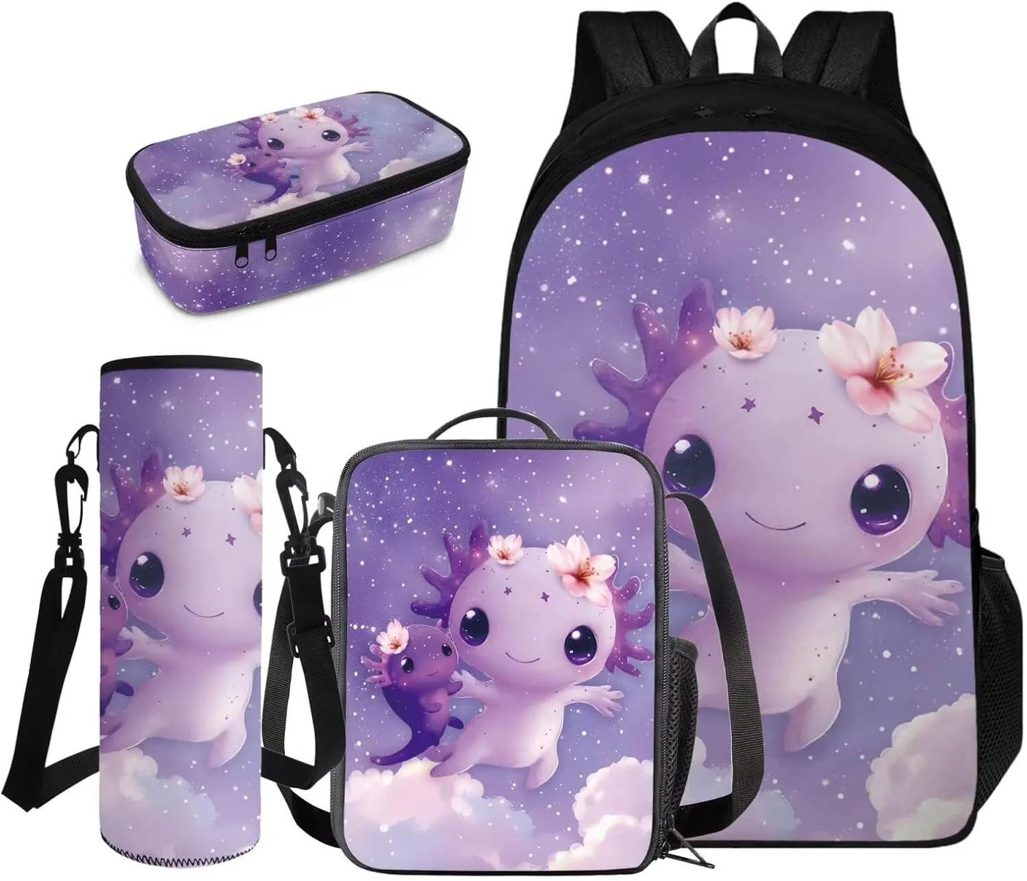 FOR U DESIGNS Girls Axolotl Backpack with Lunchbox Kawaii Bookbag Set Ages 6-8 Lightweight 17 Inch School Bag Grade 1 Cute Book Bags for Kids Purple Travel Rucksack