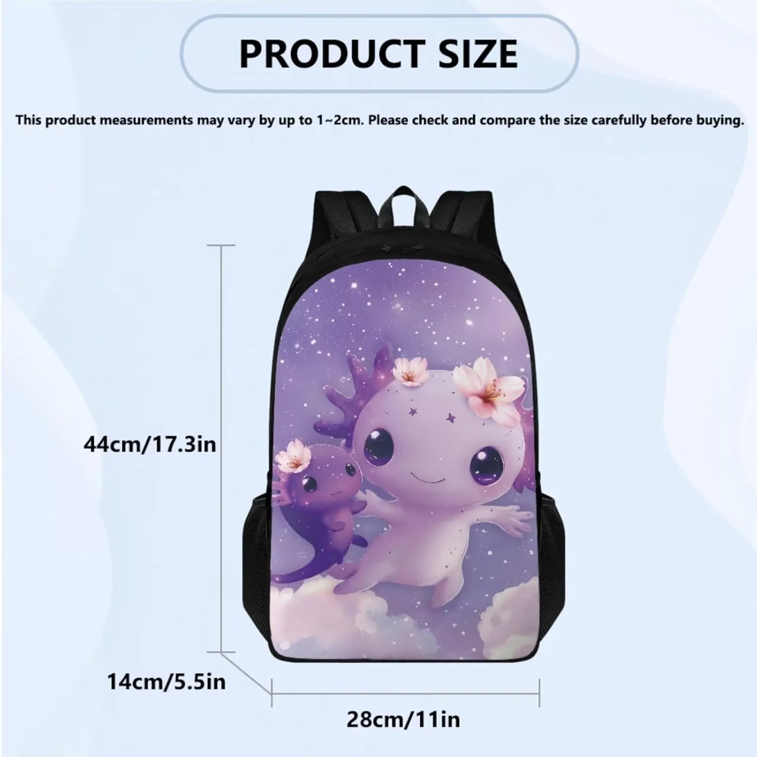 FOR U DESIGNS Girls Axolotl Backpack with Lunchbox Kawaii Bookbag Set Ages 6-8 Lightweight 17 Inch School Bag Grade 1 Cute Book Bags for Kids Purple Travel Rucksack