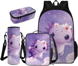 FOR U DESIGNS Girls Axolotl Backpack with Lunchbox Kawaii Bookbag Set Ages 6-8 Lightweight 17 Inch School Bag Grade 1 Cute Book Bags for Kids Purple Travel Rucksack