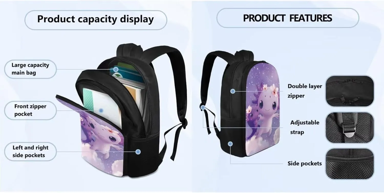 FOR U DESIGNS Girls Axolotl Backpack with Lunchbox Kawaii Bookbag Set Ages 6-8 Lightweight 17 Inch School Bag Grade 1 Cute Book Bags for Kids Purple Travel Rucksack