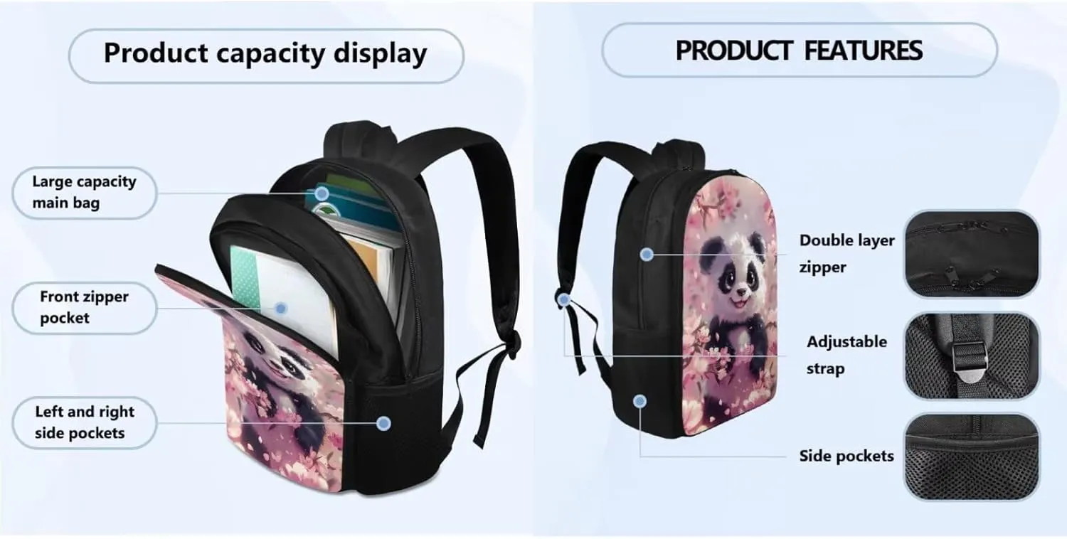 FOR U DESIGNS Panda Backpack for Girls with Lunch Box Kawaii Elementary Bookbag for 6th Grade Large Capacity Lightweight School Bag Girls 8-12 Mochilas Para Niños