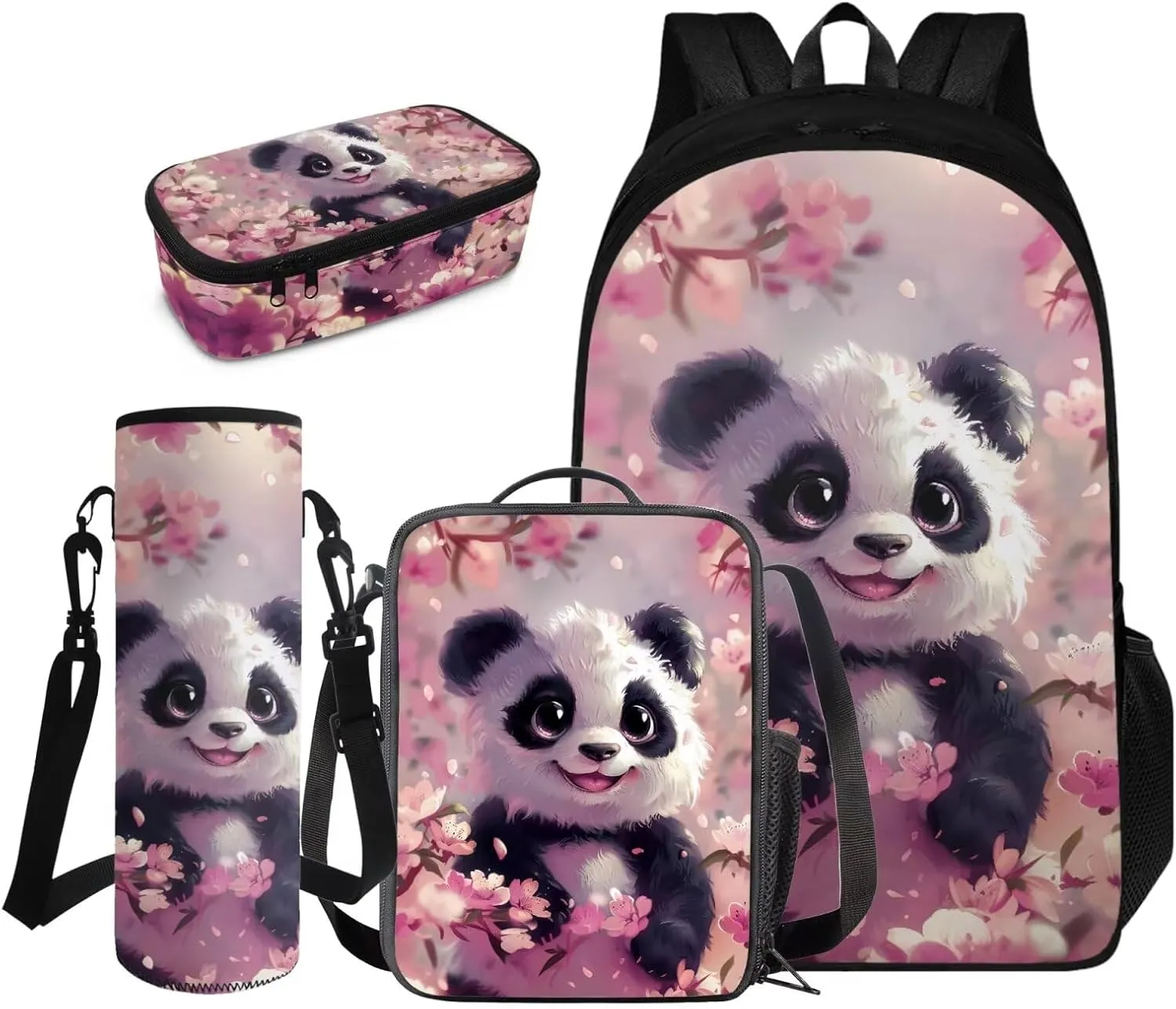 FOR U DESIGNS Panda Backpack for Girls with Lunch Box Kawaii Elementary Bookbag for 6th Grade Large Capacity Lightweight School Bag Girls 8-12 Mochilas Para Niños
