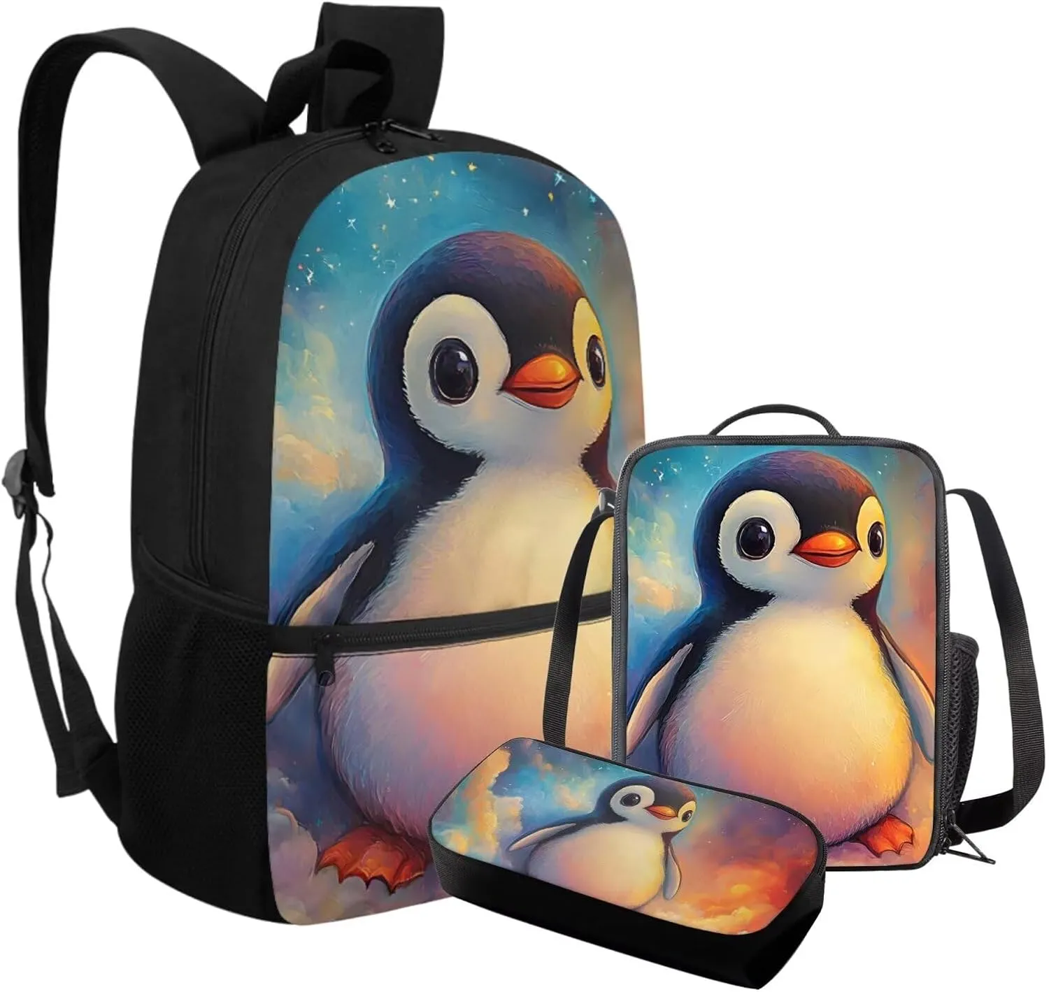 FOR U DESIGNS Penguin Backpack Kids Trendy Girls Bookbag Ages 8-10 Stylish 4th Grade School Bag and Lunch Bag Set 3 in 1 Book Bags for Kids Travel Daypack
