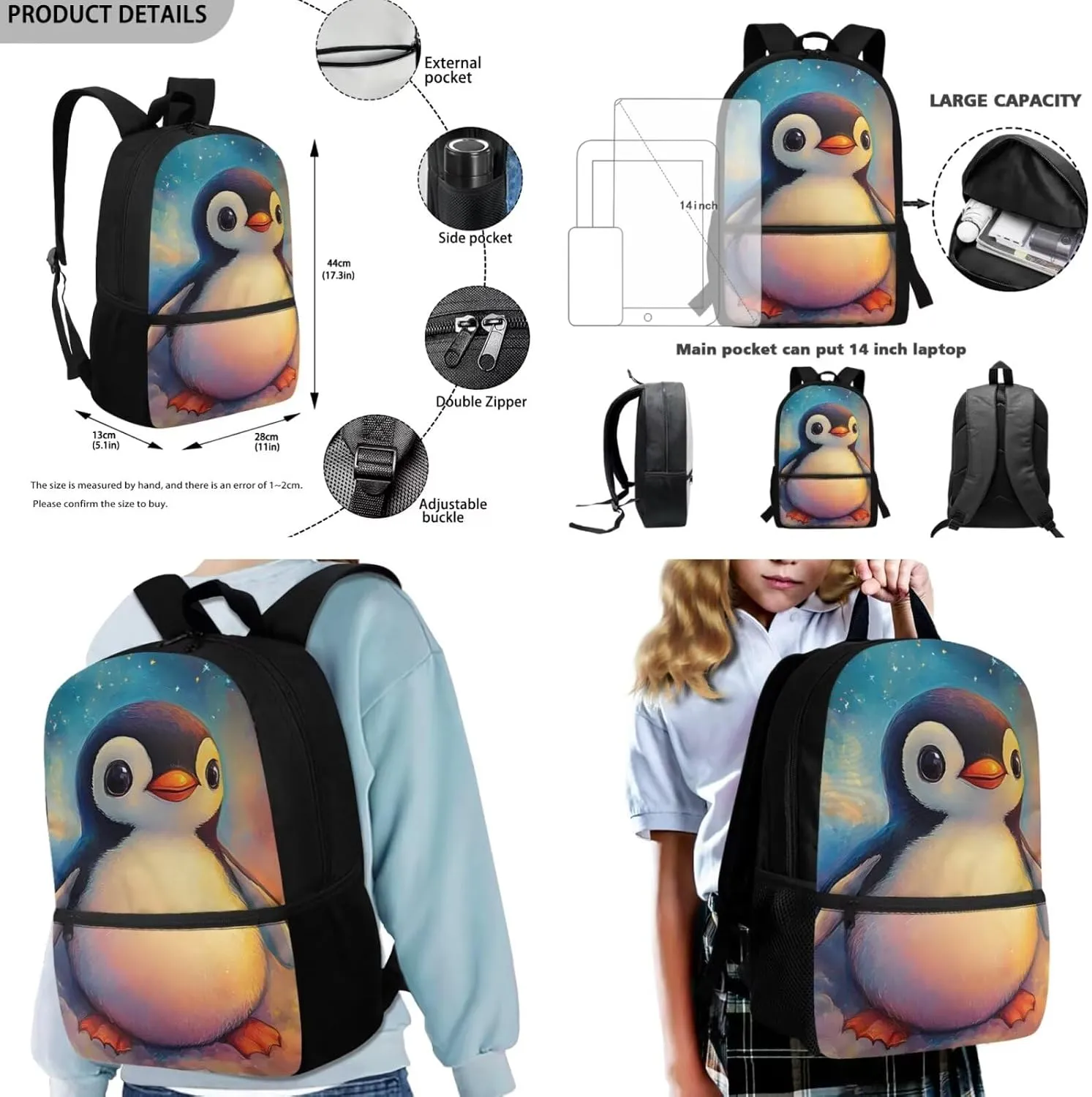 FOR U DESIGNS Penguin Backpack Kids Trendy Girls Bookbag Ages 8-10 Stylish 4th Grade School Bag and Lunch Bag Set 3 in 1 Book Bags for Kids Travel Daypack