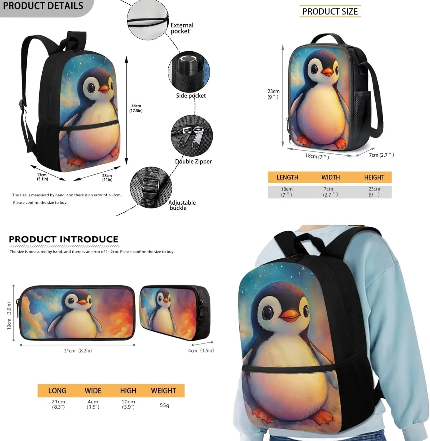 FOR U DESIGNS Penguin Backpack Kids Trendy Girls Bookbag Ages 8-10 Stylish 4th Grade School Bag and Lunch Bag Set 3 in 1 Book Bags for Kids Travel Daypack