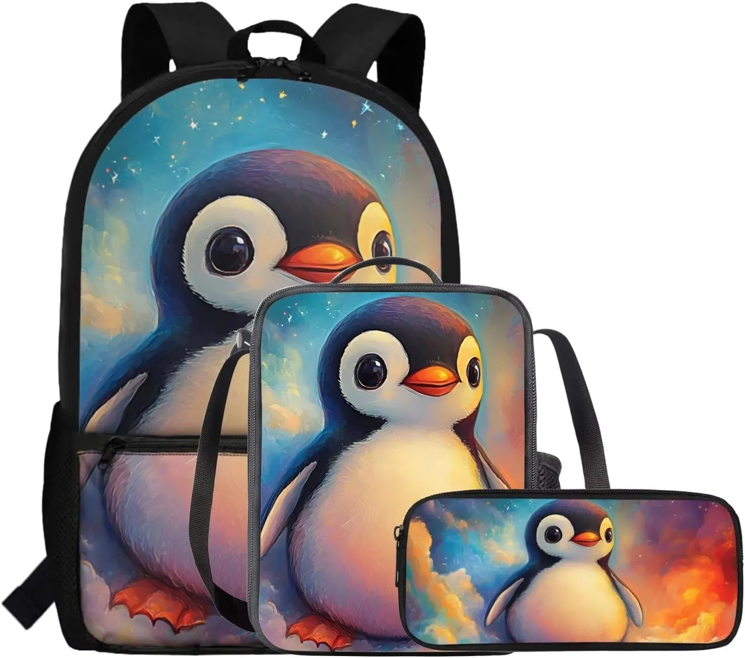 FOR U DESIGNS Penguin Backpack Kids Trendy Girls Bookbag Ages 8-10 Stylish 4th Grade School Bag and Lunch Bag Set 3 in 1 Book Bags for Kids Travel Daypack