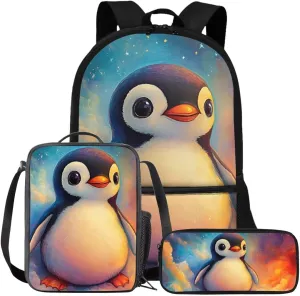 FOR U DESIGNS Penguin Backpack Kids Trendy Girls Bookbag Ages 8-10 Stylish 4th Grade School Bag and Lunch Bag Set 3 in 1 Book Bags for Kids Travel Daypack