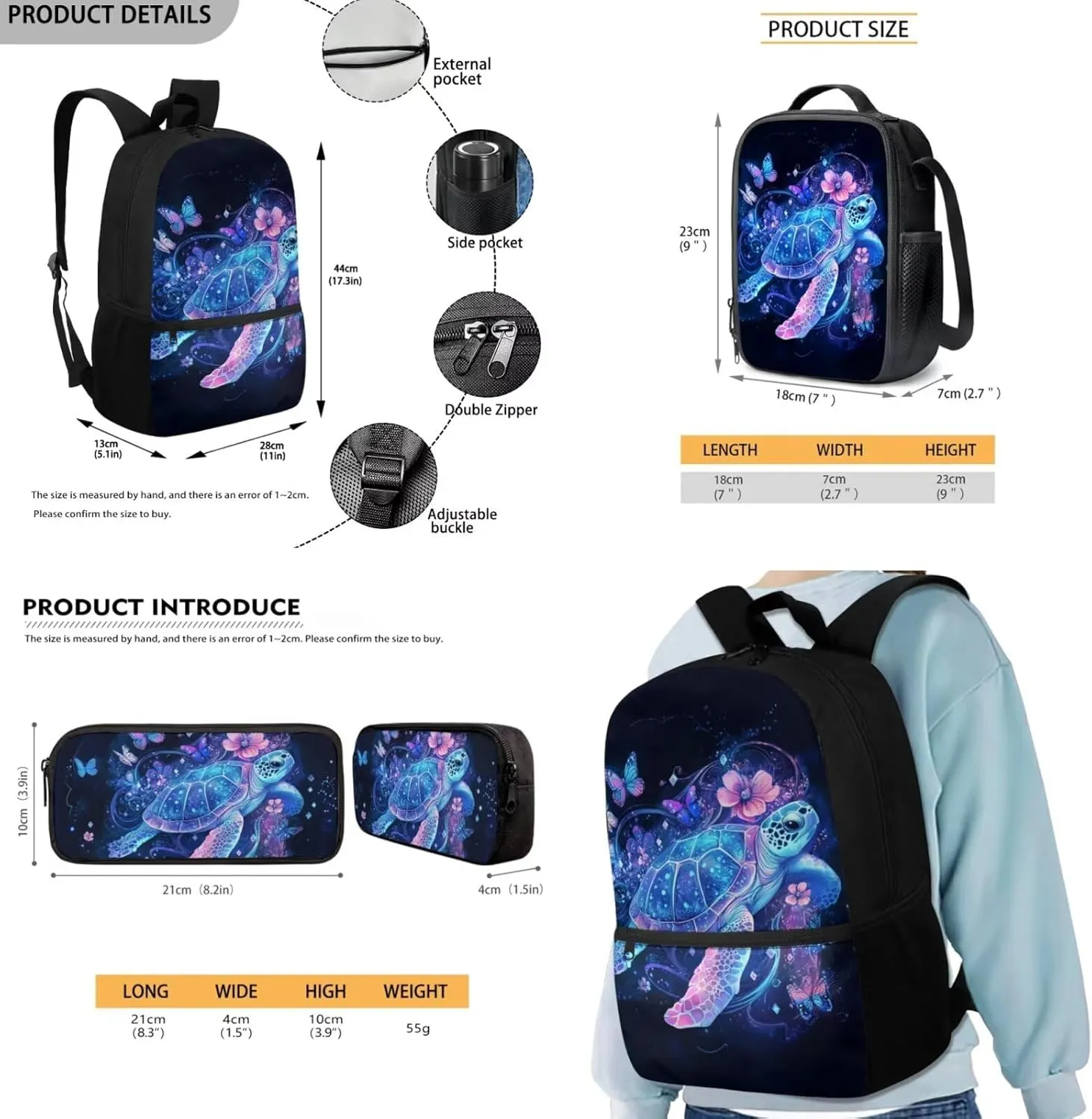 FOR U DESIGNS Turtle Backpack for Kids 5-7 with Lunch Box Kindergarten Elementary School Bag Set 2nd Grade Lightweight Bookbag Set for School 3 Piece School Supplies 17 Inch