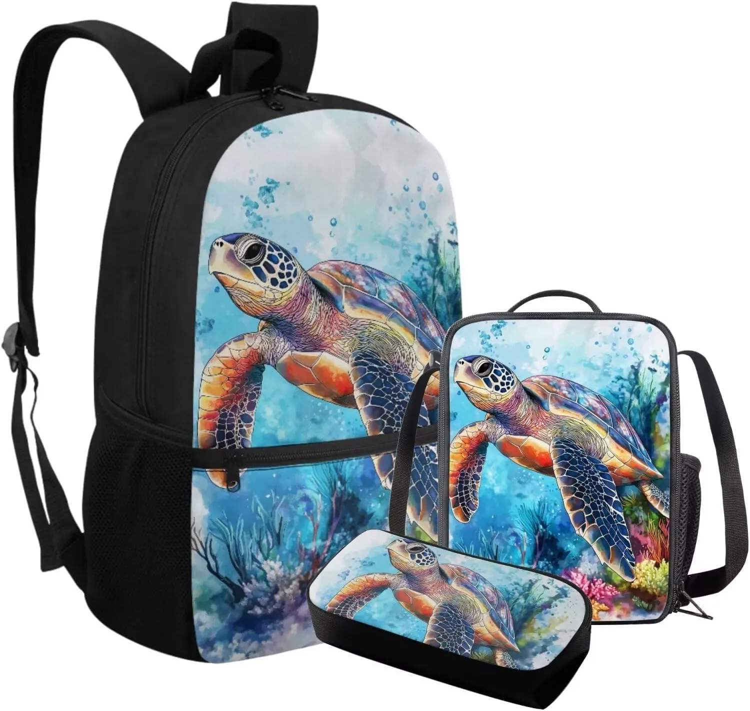 FOR U DESIGNS Turtle Backpack for Kids 8-12 Boys Kindergarten Elementary School Bag Set 4th Grade Stylish Bookbag and Lunch Box Set 3 in 1 Travel Daypack 17 Inch