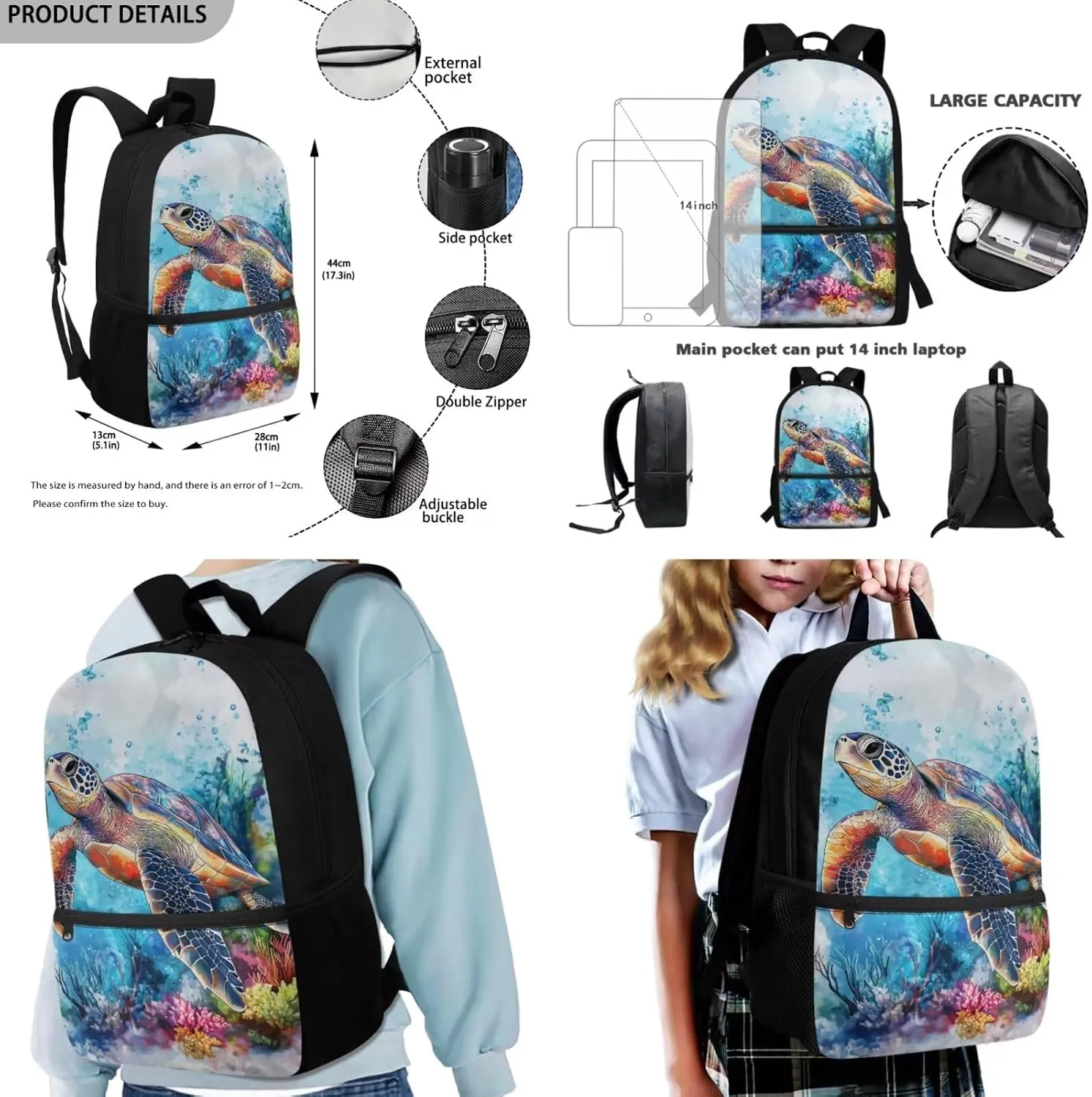 FOR U DESIGNS Turtle Backpack for Kids 8-12 Boys Kindergarten Elementary School Bag Set 4th Grade Stylish Bookbag and Lunch Box Set 3 in 1 Travel Daypack 17 Inch