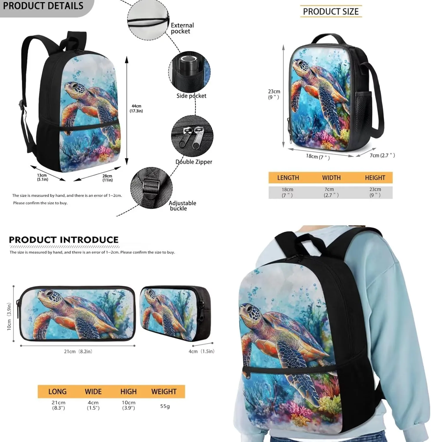 FOR U DESIGNS Turtle Backpack for Kids 8-12 Boys Kindergarten Elementary School Bag Set 4th Grade Stylish Bookbag and Lunch Box Set 3 in 1 Travel Daypack 17 Inch