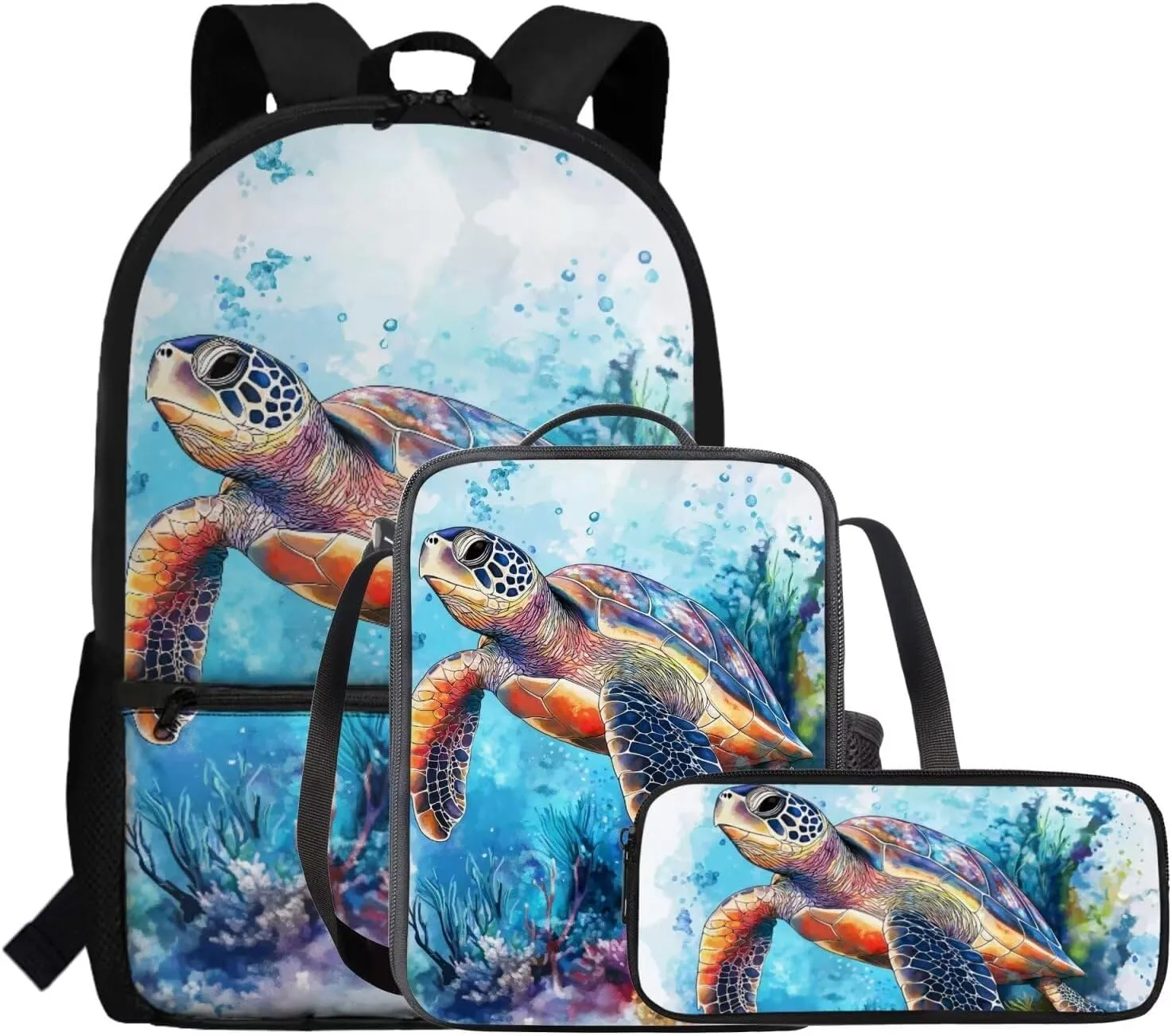 FOR U DESIGNS Turtle Backpack for Kids 8-12 Boys Kindergarten Elementary School Bag Set 4th Grade Stylish Bookbag and Lunch Box Set 3 in 1 Travel Daypack 17 Inch