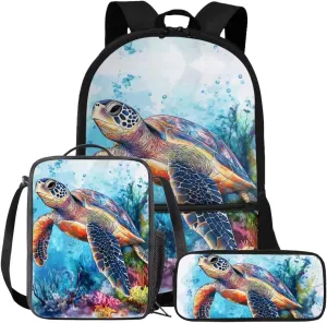 FOR U DESIGNS Turtle Backpack for Kids 8-12 Boys Kindergarten Elementary School Bag Set 4th Grade Stylish Bookbag and Lunch Box Set 3 in 1 Travel Daypack 17 Inch
