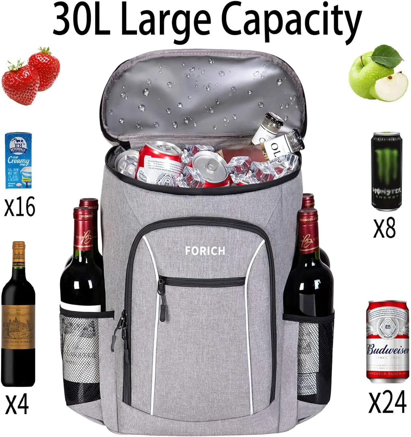 FORICH Insulated Cooler Backpack Lightweight Soft Cooler Bag Leakproof Backpack Cooler for Men Women to Lunch Work Picnic Beach Camping Hiking Park Day Trips, 30 Cans