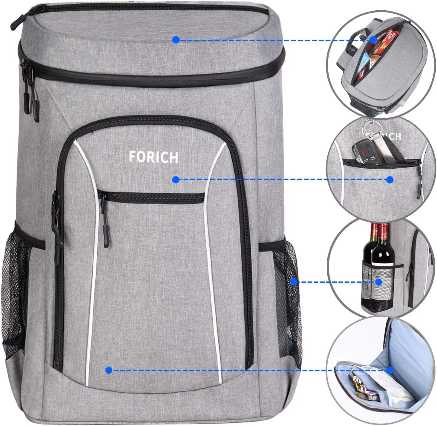 FORICH Insulated Cooler Backpack Lightweight Soft Cooler Bag Leakproof Backpack Cooler for Men Women to Lunch Work Picnic Beach Camping Hiking Park Day Trips, 30 Cans