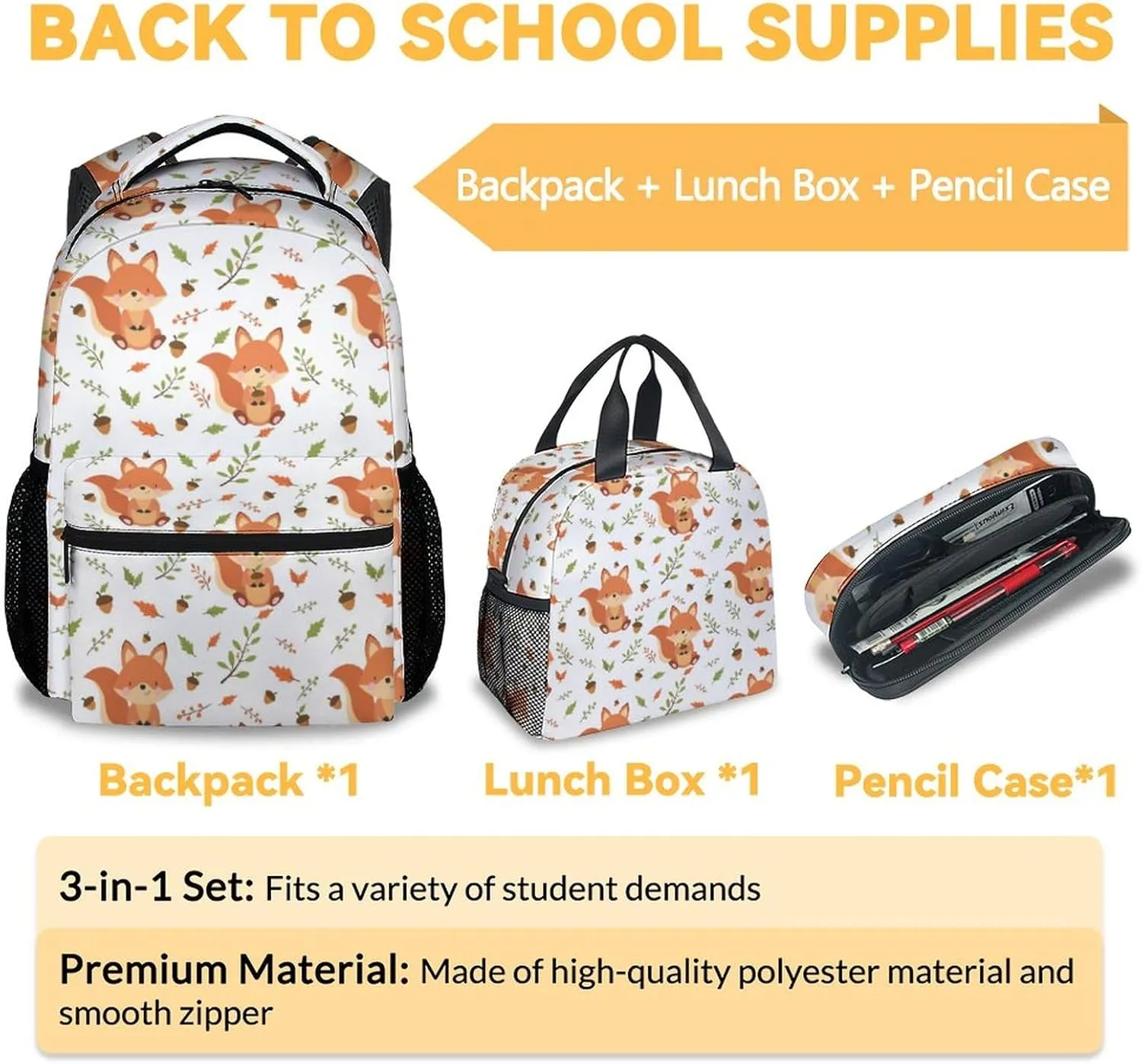 Fox Backpack with Lunch Box and Pencil Case for Girls Boys, 16 Inch School Bookbag with Adjustable Straps, Travel Bag Durable, Lightweight, Large Capacity