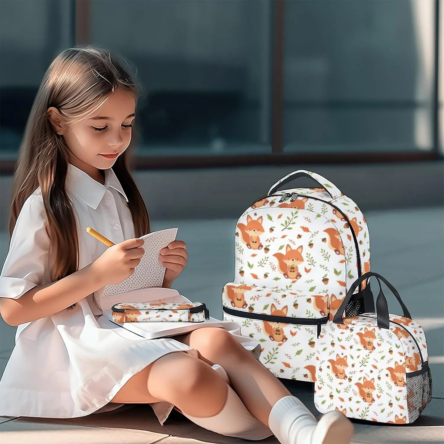 Fox Backpack with Lunch Box and Pencil Case for Girls Boys, 16 Inch School Bookbag with Adjustable Straps, Travel Bag Durable, Lightweight, Large Capacity