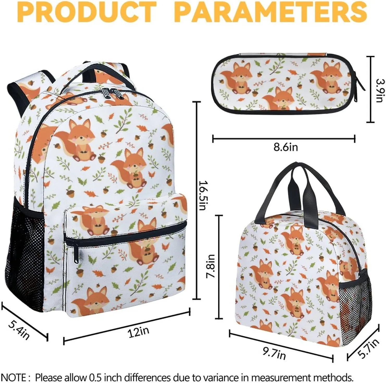 Fox Backpack with Lunch Box and Pencil Case for Girls Boys, 16 Inch School Bookbag with Adjustable Straps, Travel Bag Durable, Lightweight, Large Capacity