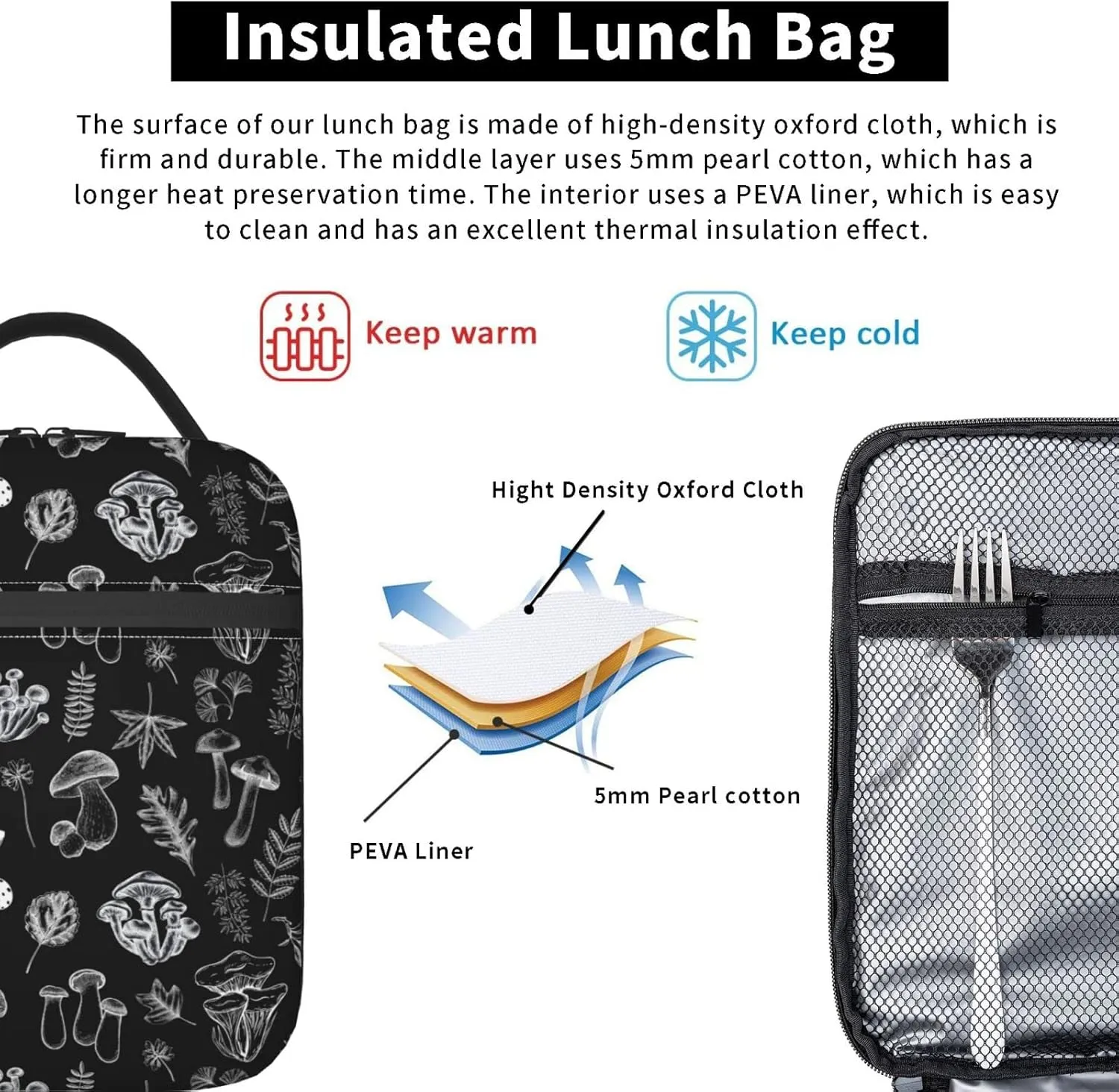 FREEHOTU White Mushrooms Lunch Bag Double Insulated Leakproof Lunch Box Tote Bag Cooler Lunch Organizer for Work Picnic Travel Camping