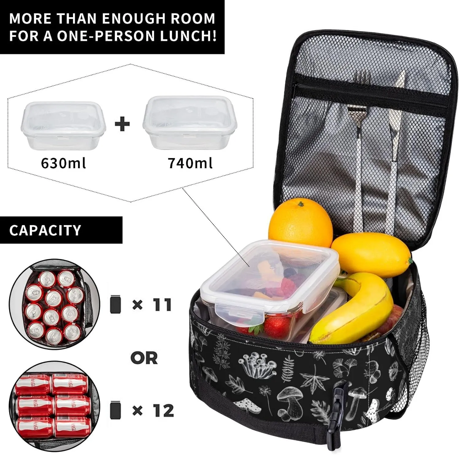 FREEHOTU White Mushrooms Lunch Bag Double Insulated Leakproof Lunch Box Tote Bag Cooler Lunch Organizer for Work Picnic Travel Camping