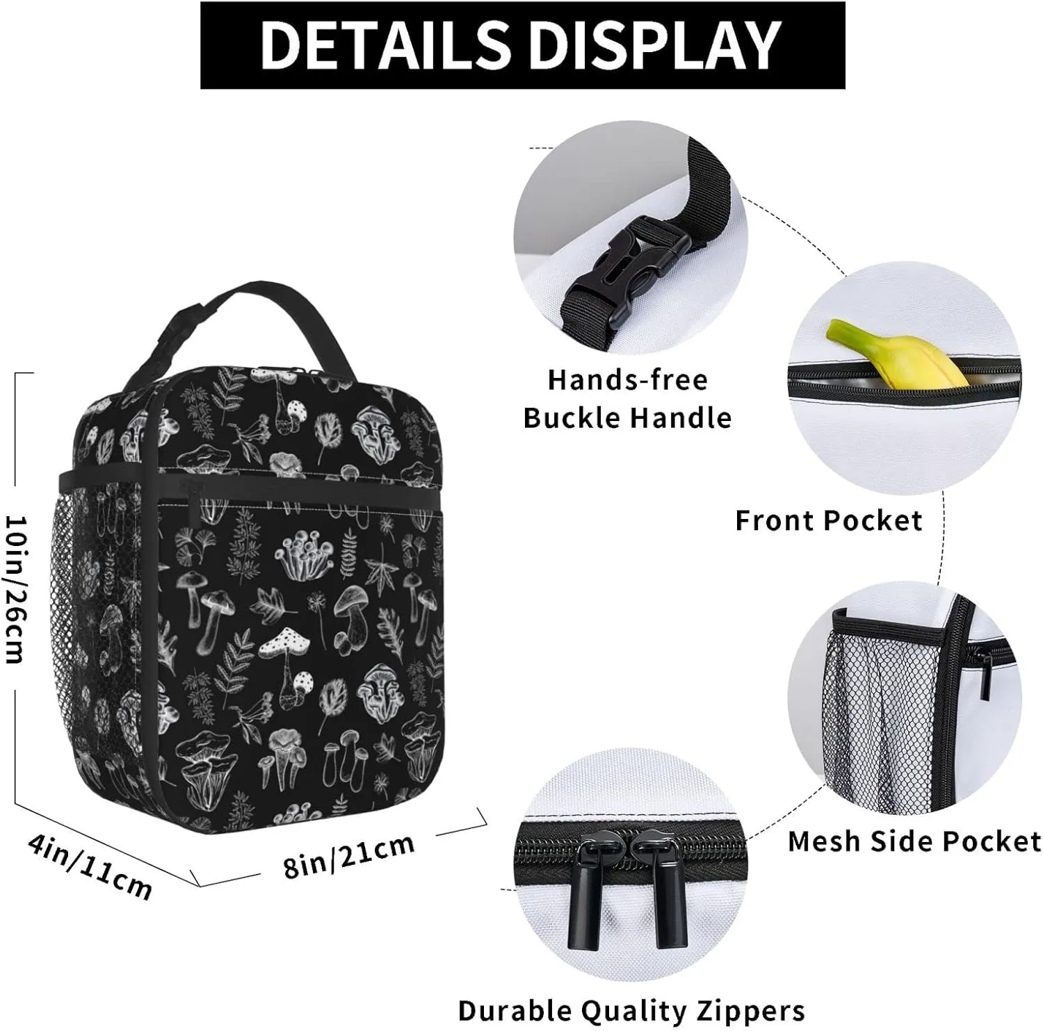FREEHOTU White Mushrooms Lunch Bag Double Insulated Leakproof Lunch Box Tote Bag Cooler Lunch Organizer for Work Picnic Travel Camping