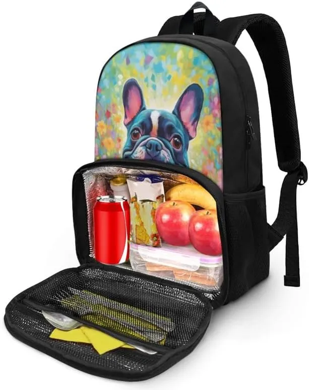 French Bulldog Oil Painting School Backpack for Girls Cute Kids Cartoon Dog Hand Drawing Lunch Boxes 2 in 1 for Teens Boys Schoolbag Set