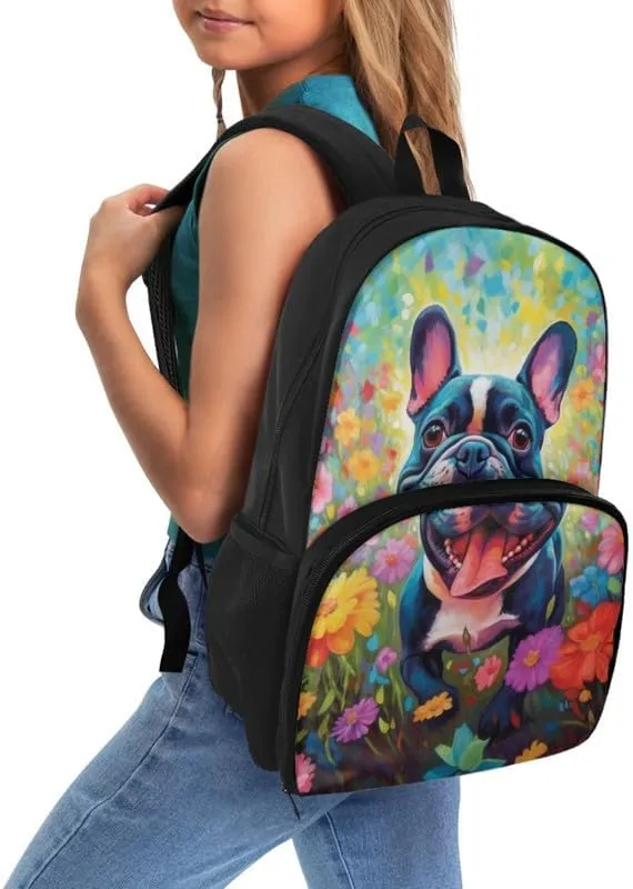 French Bulldog Oil Painting School Backpack for Girls Cute Kids Cartoon Dog Hand Drawing Lunch Boxes 2 in 1 for Teens Boys Schoolbag Set