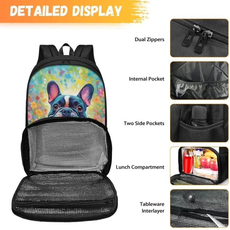 French Bulldog Oil Painting School Backpack for Girls Cute Kids Cartoon Dog Hand Drawing Lunch Boxes 2 in 1 for Teens Boys Schoolbag Set