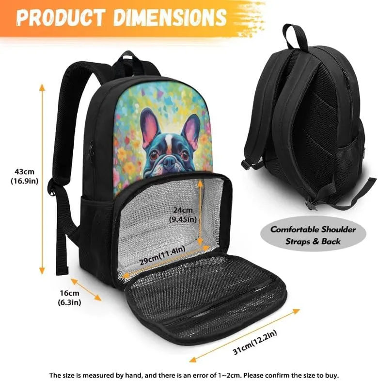 French Bulldog Oil Painting School Backpack for Girls Cute Kids Cartoon Dog Hand Drawing Lunch Boxes 2 in 1 for Teens Boys Schoolbag Set