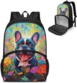 French Bulldog Oil Painting School Backpack for Girls Cute Kids Cartoon Dog Hand Drawing Lunch Boxes 2 in 1 for Teens Boys Schoolbag Set