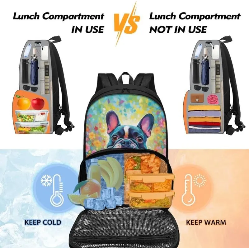 French Bulldog Oil Painting School Backpack for Girls Cute Kids Cartoon Dog Hand Drawing Lunch Boxes 2 in 1 for Teens Boys Schoolbag Set