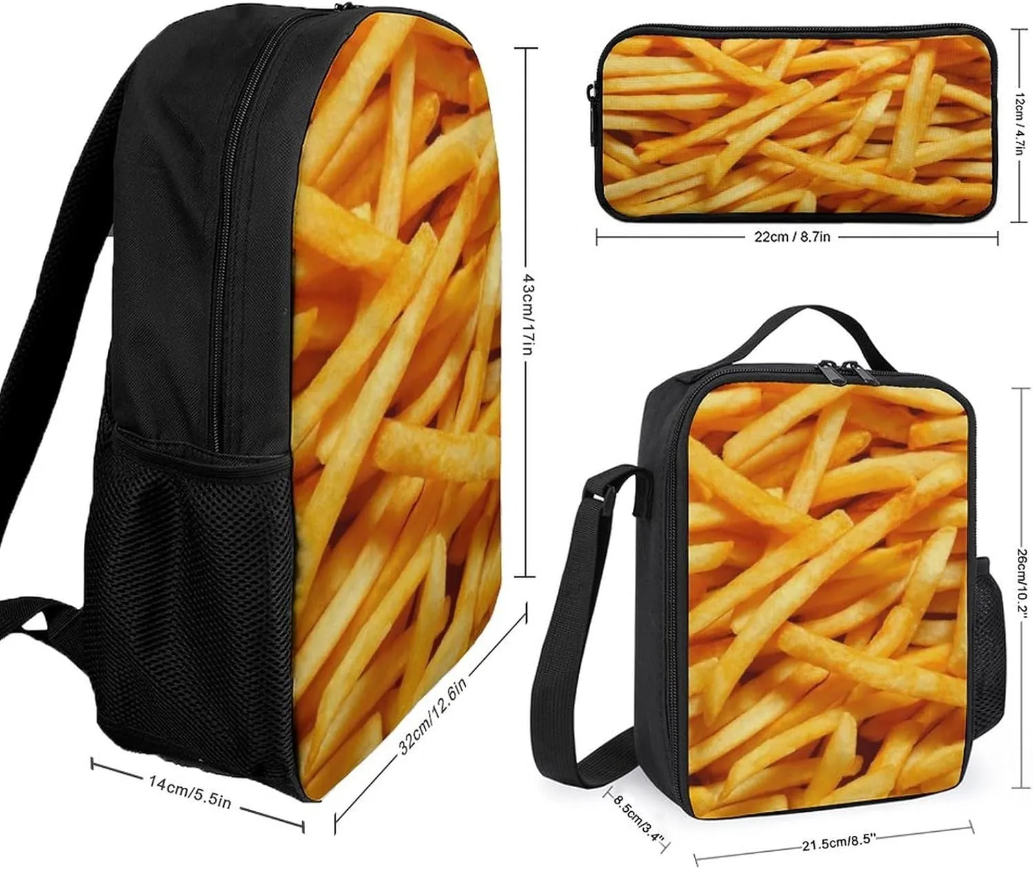 French Fries Shoulder Backpack Diagonal Lunch Bag Pencil Case Set