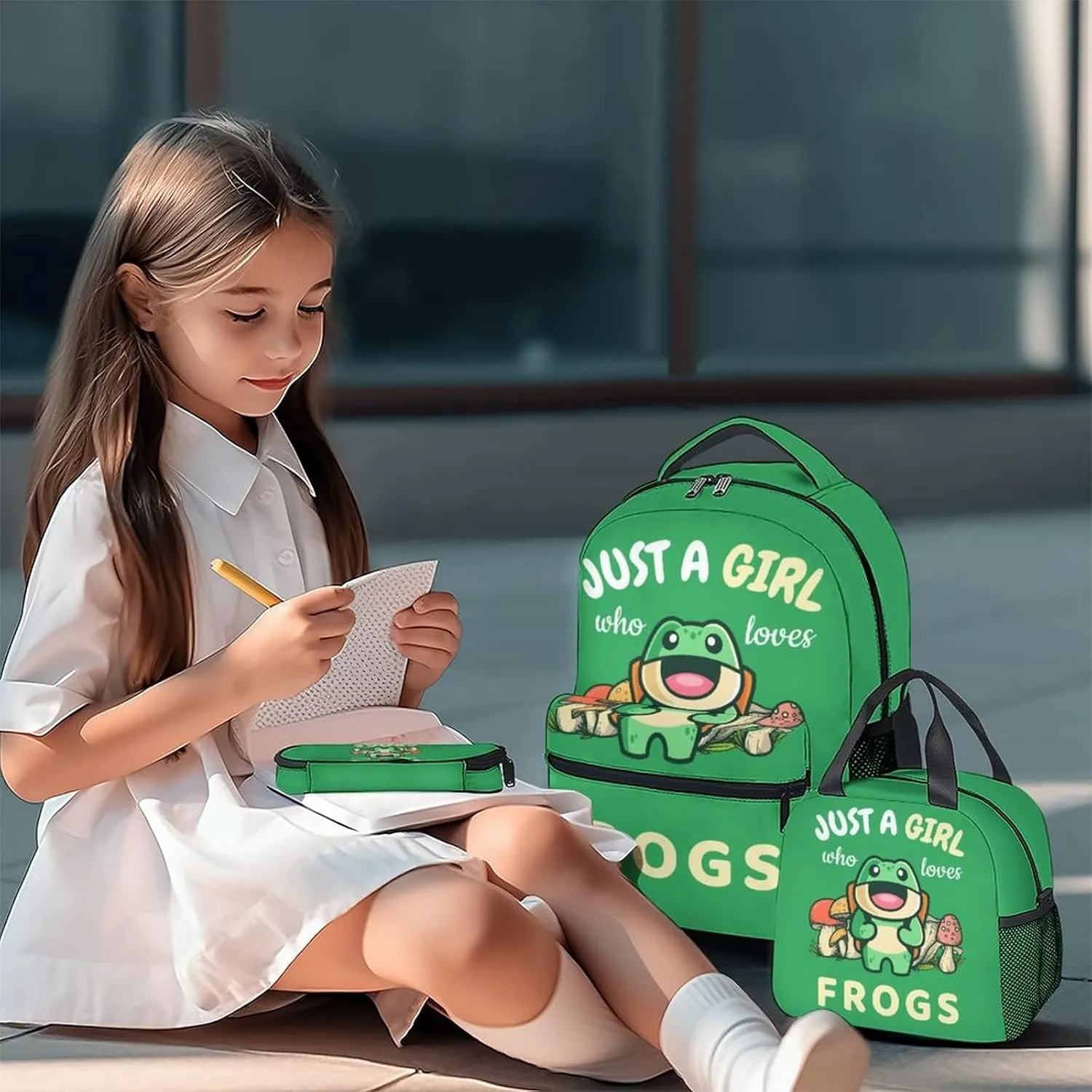 Frog Backpack with Lunch Box And Pencil Case, Set of 3 Cute Bookbag for Girls Boys, Lightweight Large Capacity School Bag