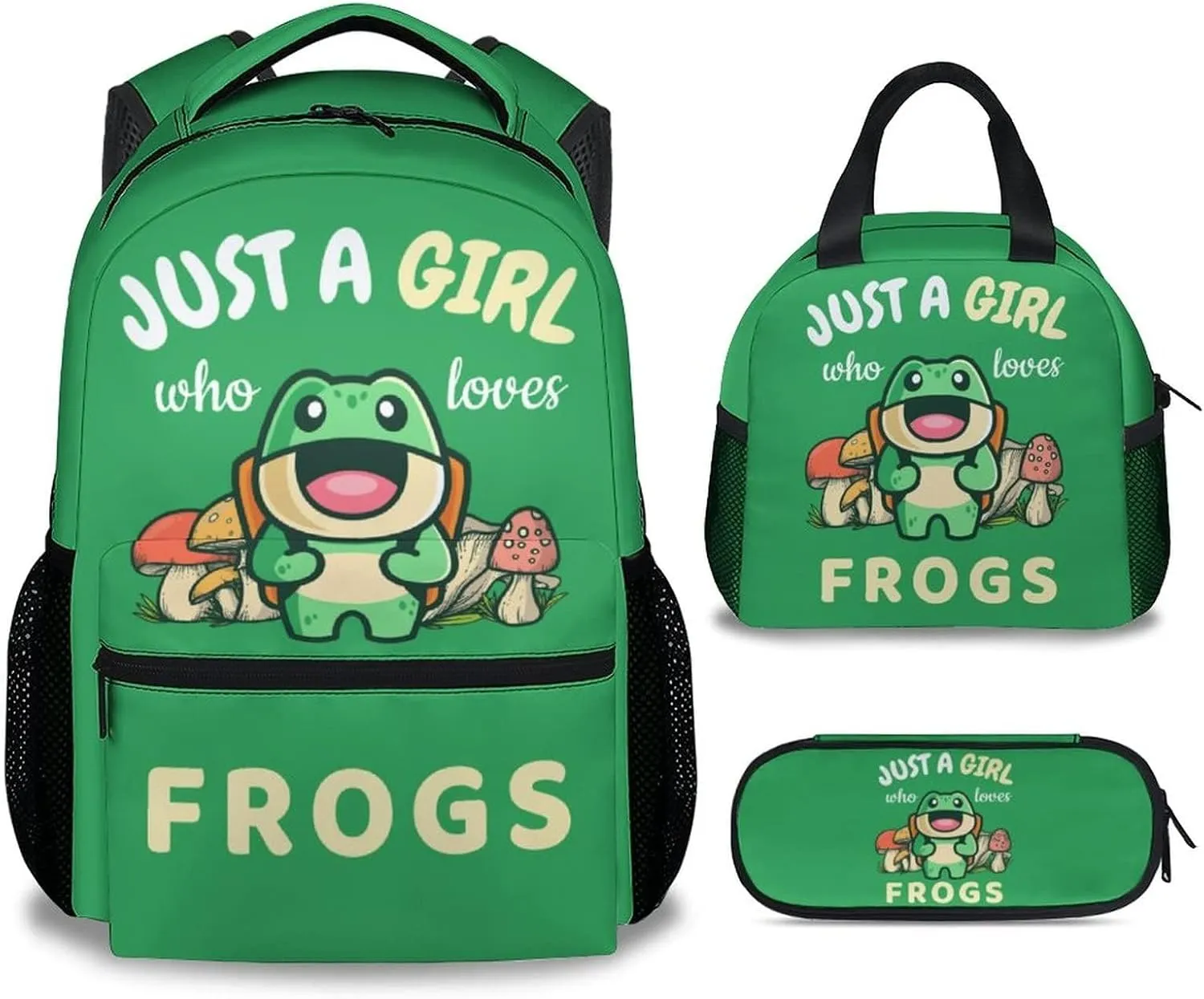 Frog Backpack with Lunch Box And Pencil Case, Set of 3 Cute Bookbag for Girls Boys, Lightweight Large Capacity School Bag